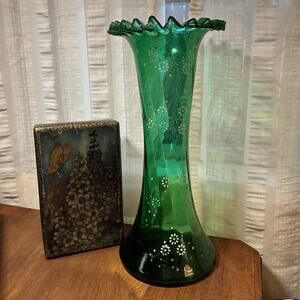 Antique Bohemian Emerald Green Art Glass Vase Ruffled Rim Enamel Flowers 13”
